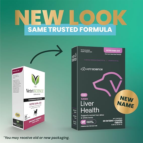 VetriScience Same Liver Health Tablets, 225 mg S-Adenosyl-Methionine Liver Health and Detox Supplement for Medium and Large Breed Dogs, Glutathione Antioxidant Liver Support, 30 Count