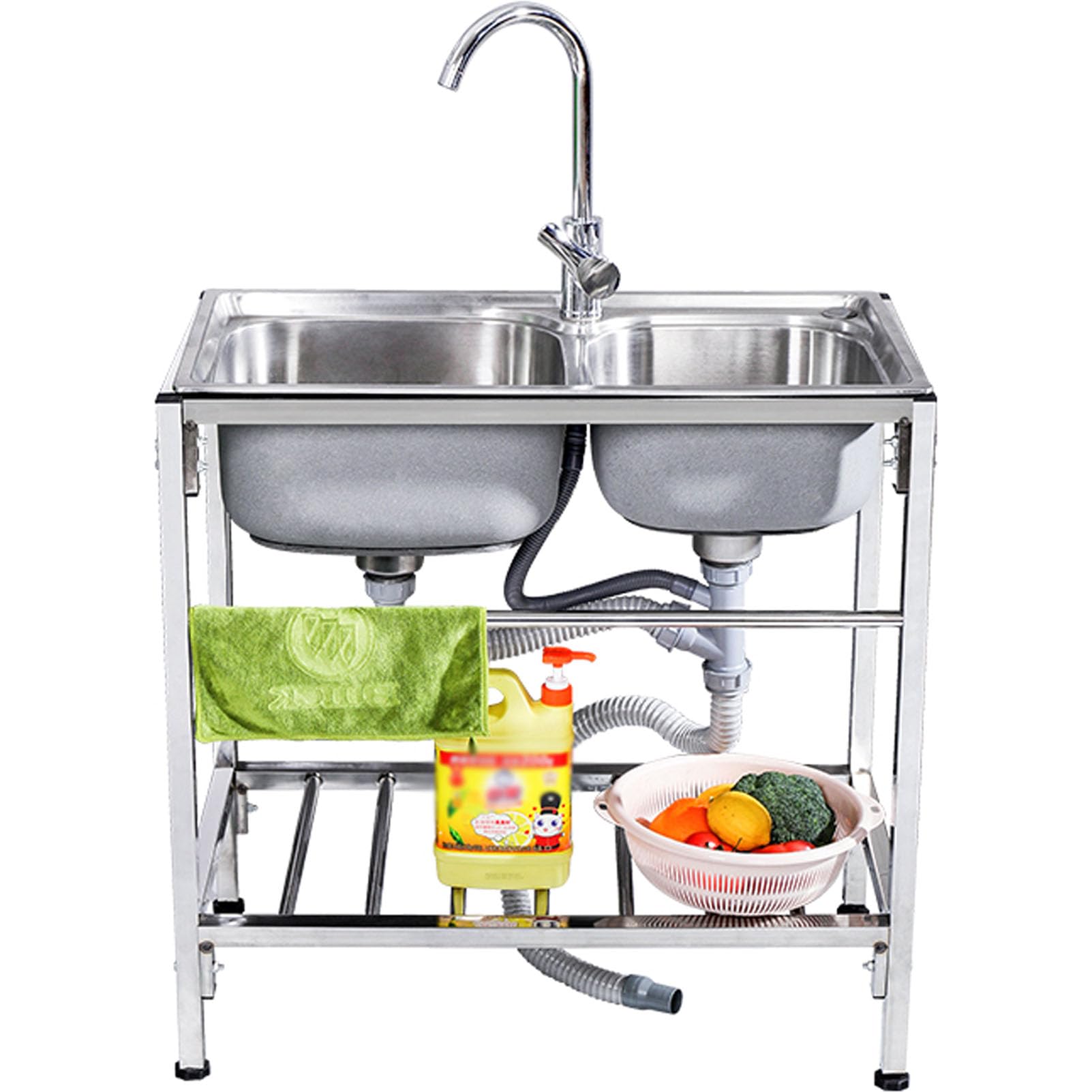 YADZISW Stainless Steel Utility Sink, Double Bowl Free Standing Small Sink with Faucet Commercial Single Sinks for Garage, Restaurant, Kitchen, Laundry