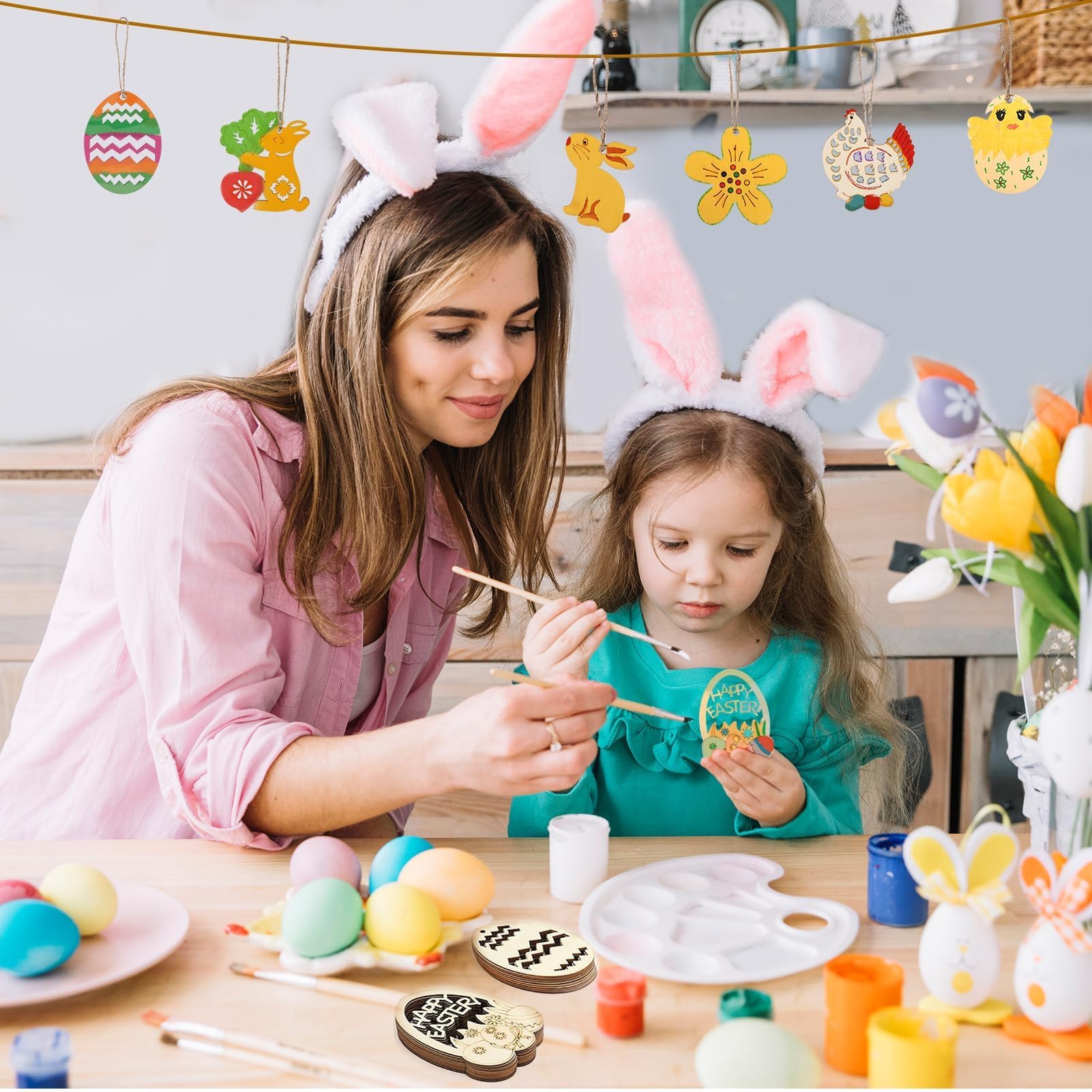 Set Decorazioni Pasquali Fai Da Te - 24 Uova Plastica, 20 Pendenti Legno, 12 Colori Acrilici - Kit Creativo Per Famiglie