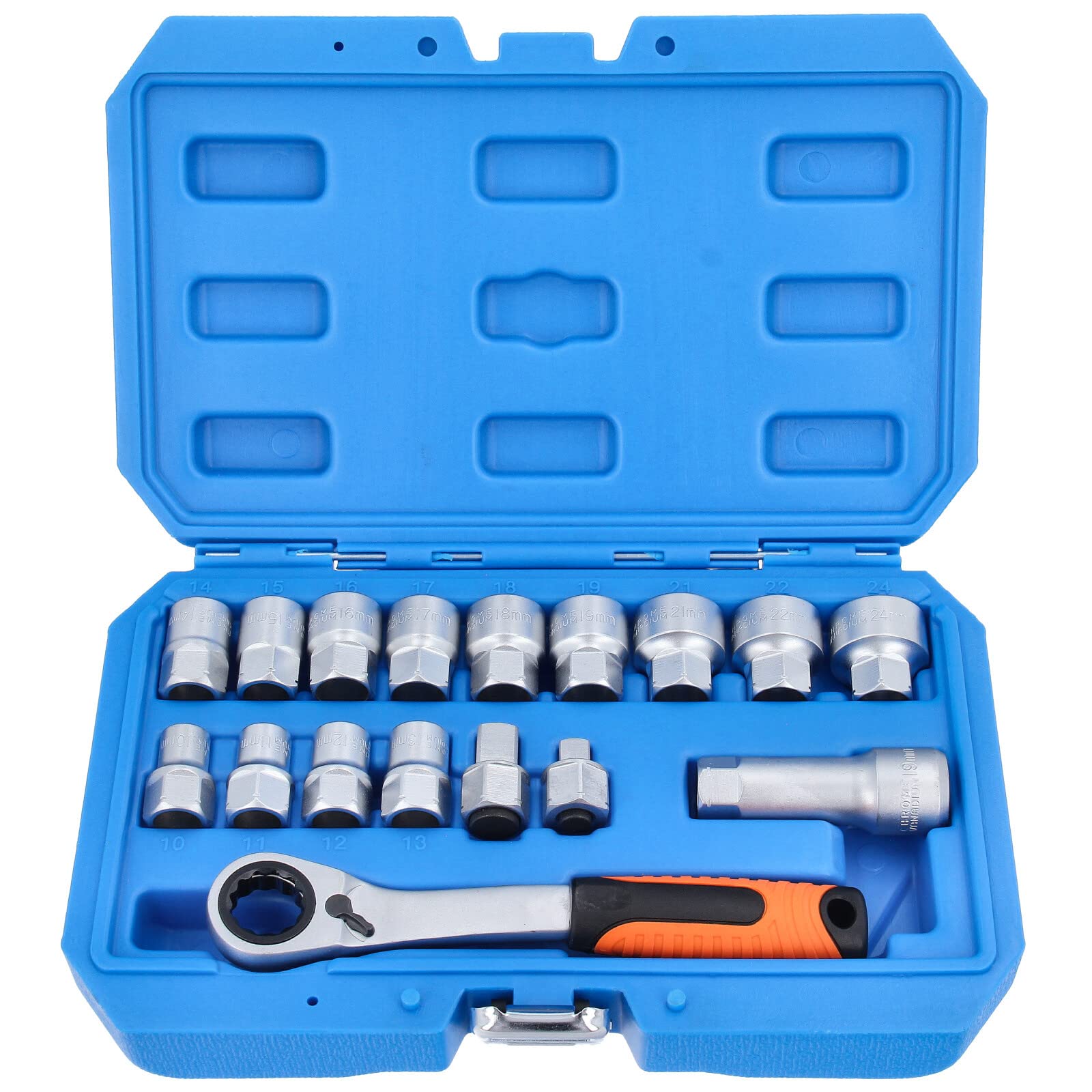 GEPCO Durchgangs Steckschlüssel Satz 10-24 mm & Umschaltknarre 19 mm, 3/8" & 1/2", 17-tlg.