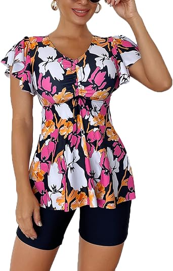 Fanuerg Womens Tankini Swimsuits Ruffled Flowy Tankini Tops with Boy Shorts Swimwear Tummy Control Two Piece Bathing Suits