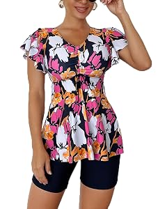 Fanuerg Womens Tankini Swimsuits Ruffled Flowy Tankini Tops with Boy Shorts Swimwear Tummy Control Two Piece Bathing Suits