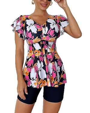 Fanuerg Womens Tankini Swimsuits Ruffled Flowy Tankini Tops with Boy Shorts Swimwear Tummy Control Two Piece Bathing Suits