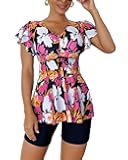 Fanuerg Women's Tankini Swimsuits Ruffled Flowy Tankini Tops with Boy Shorts Swimwear Tummy Control Two Piece Bathing Suits