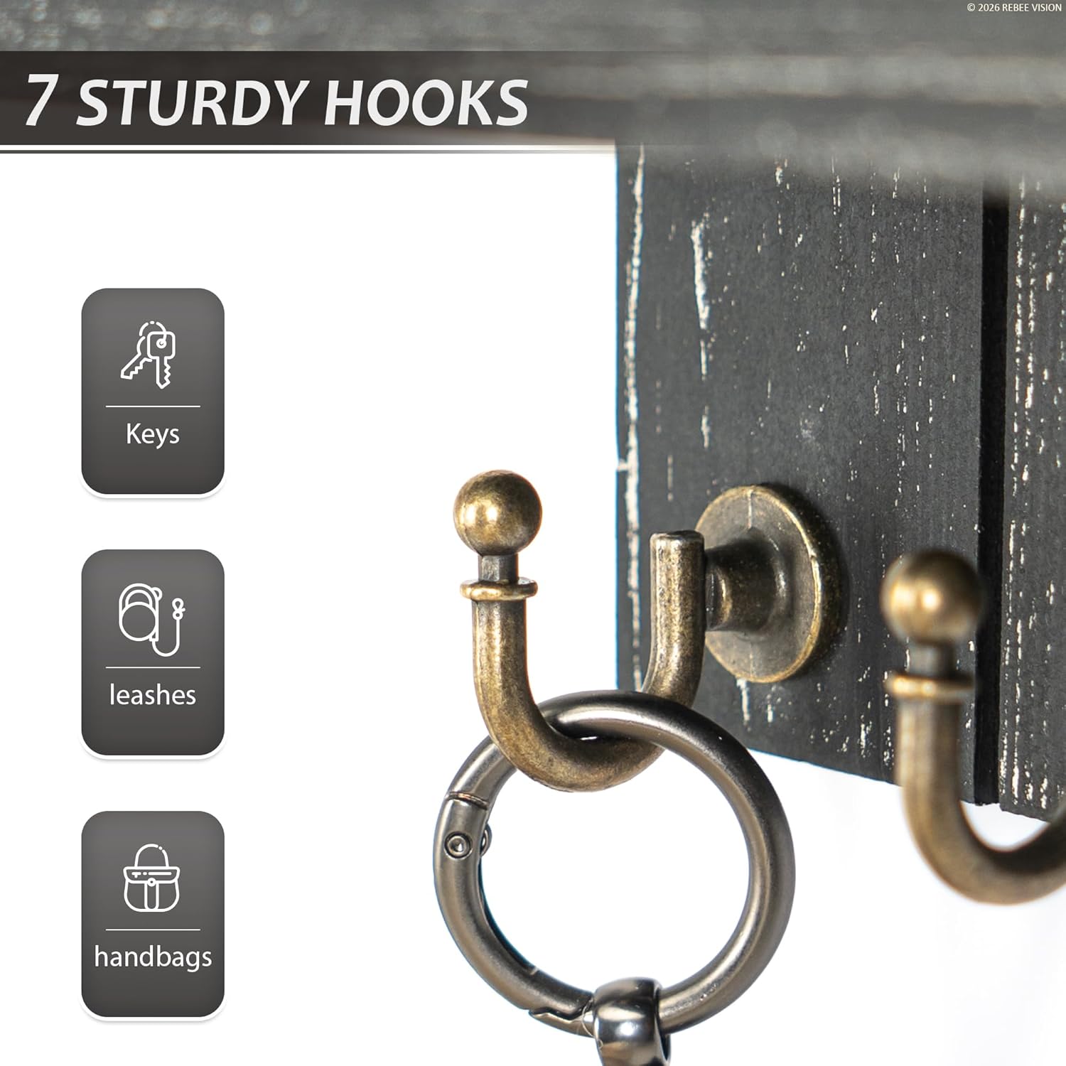 Rebee Vision Rustic Key Holder Wall Mount for Home Decor - Farmhouse Key Holder for Wall with Floating Shelf & 7 Sturdy Hooks - Stylish Mail Organizer to Tidy Apartment Essentials (Old Black)