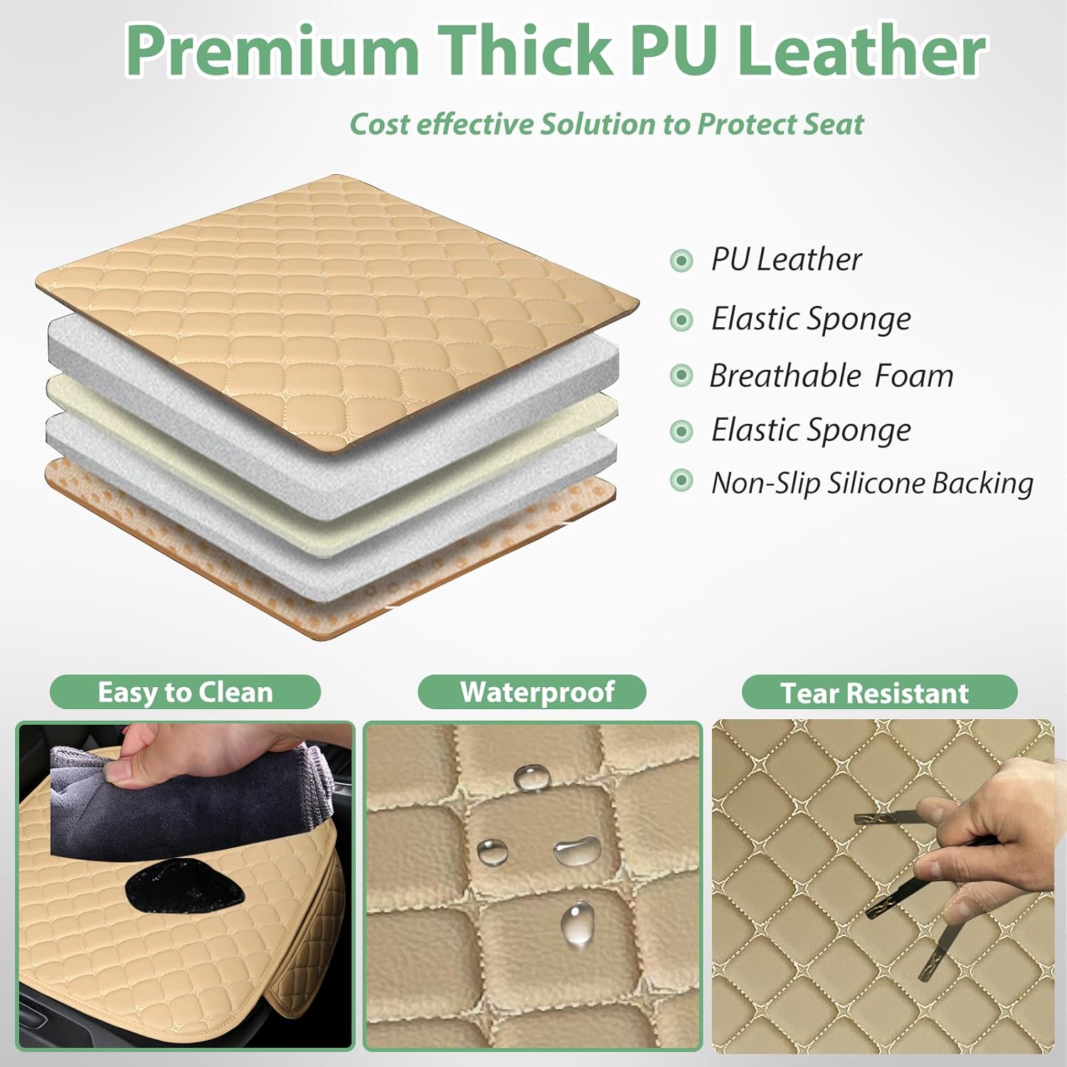 Pu Leather Bottom Car Seat Covers and Rear Seat Covers 3PCS Car Seat Protectors Back Seat Cover Universal Fit for Most Cars, SUV, Pick-up Trucks (Beige)