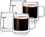 CNGLASS Tasses de café en verre,Doubles coupes de verre isolantes murales avec poignée, Tasses expresso claire pour latte,Cappuccino,Tea Bag (4, 10,1 oz (paquet de 4))
