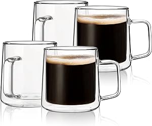 CNGLASS Glass Coffee Mugs,Double Wall Insulated Glass Cups with Handle,Clear Espresso Mugs for Latte,Cappuccino,Tea Bag (4, 10.1oz（Pack of 4）)