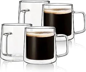 CNGLASS 10oz Glass Coffee Mugs,Double Wall Insulated Glass Mugs with Handle,Clear Espresso Mug for Latte,Cappuccino,Tea Bag,Set of 4