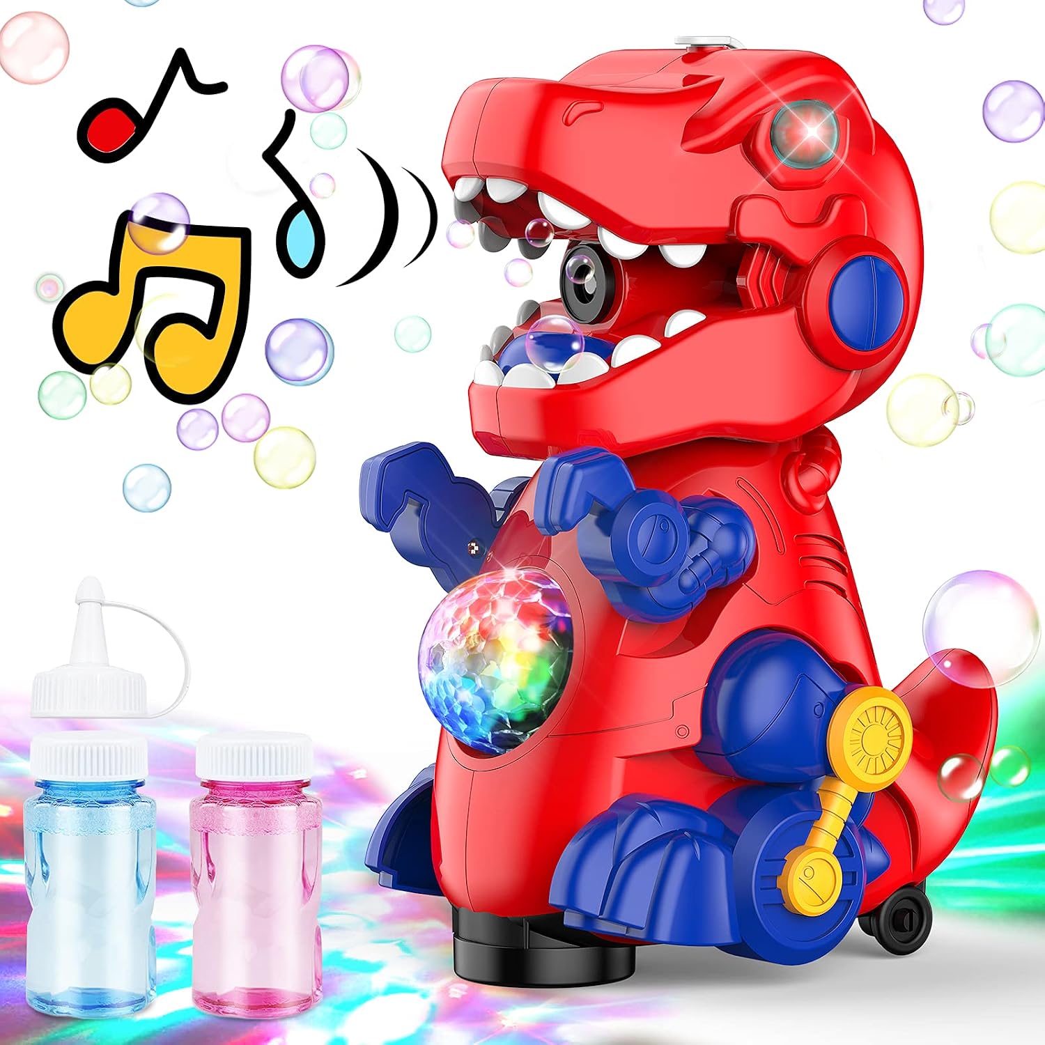 AUZEEG Bubble Machine, Dinosaur Bubble Maker with Colorful LED Lights & Universal Walking, 3000+ Bubbles Per Minute, Safe Material, Built-in Music Bubble Machine for Kids Toddlers Boys (Red Liquid)