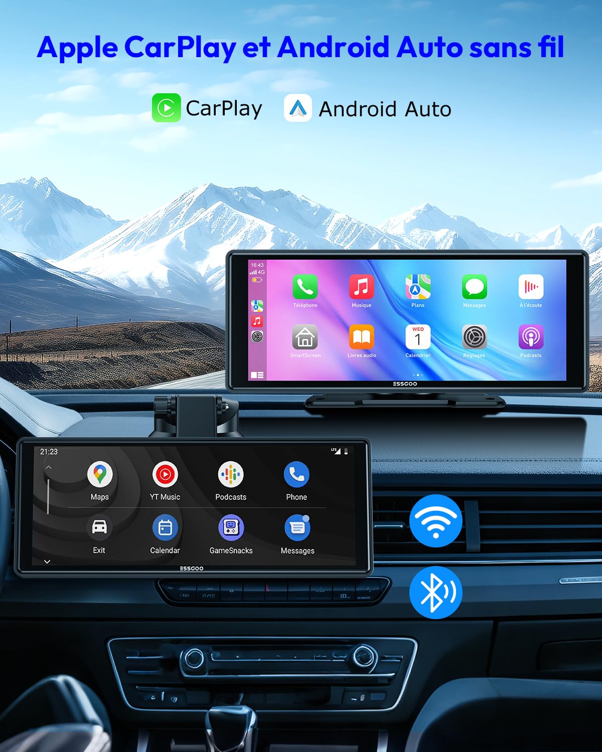 ESSGOO Écran Carplay Voiture, Supporte A-pple Carplay sans Fil et Android Auto, Écran Tactile IPS de 10.26 Pouces avec Capteur de Lumière, Prend en Charge Mirror Link, Assistants G-oogle et Siri