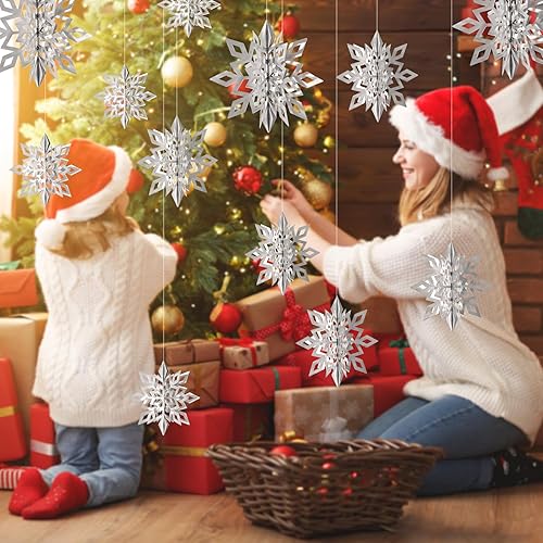 Decoraciones colgantes de copos de nieve de Navidad, 12 unidades, adornos colgantes de copos de nieve plateados grandes en 3D, guirnalda para