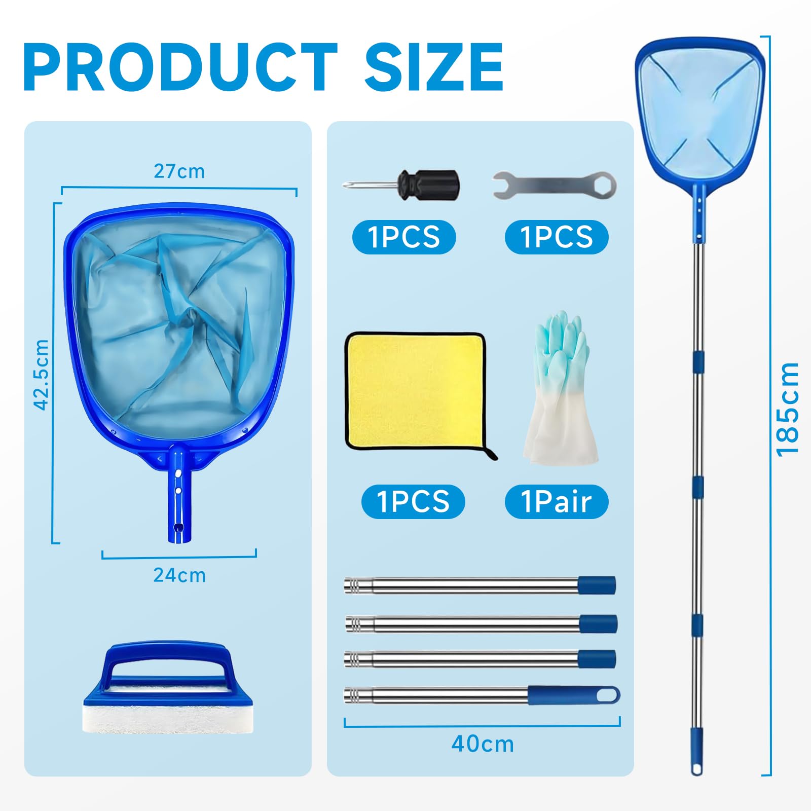 Pool Kescher Teichkescher 185cm Teleskopstange, Pool Reinigung Set mit Skimmer Reinigungsbürste Handtuch, Kescher Teich Zubehör für Schwimmbad Teich Planschbecken Aquarium