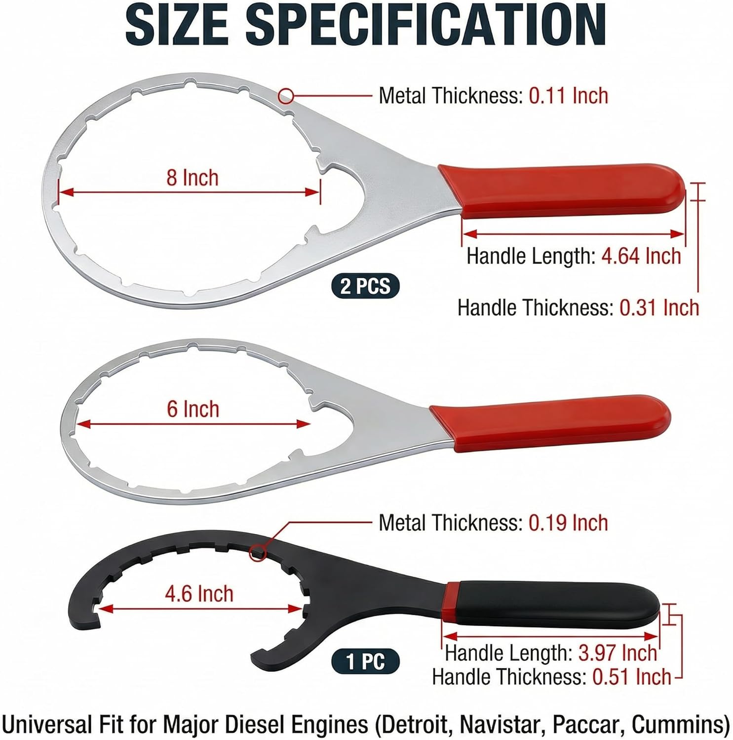 4.6'', 6'', 8'' Colar/Vent Cap Oil Fuel Filter Wrench Fits for Detroit Diesel Truck Engines 380134 382, Navistar Engines Diesel DD13, DD15, DD16, Peterbilt & Cummins Diesels