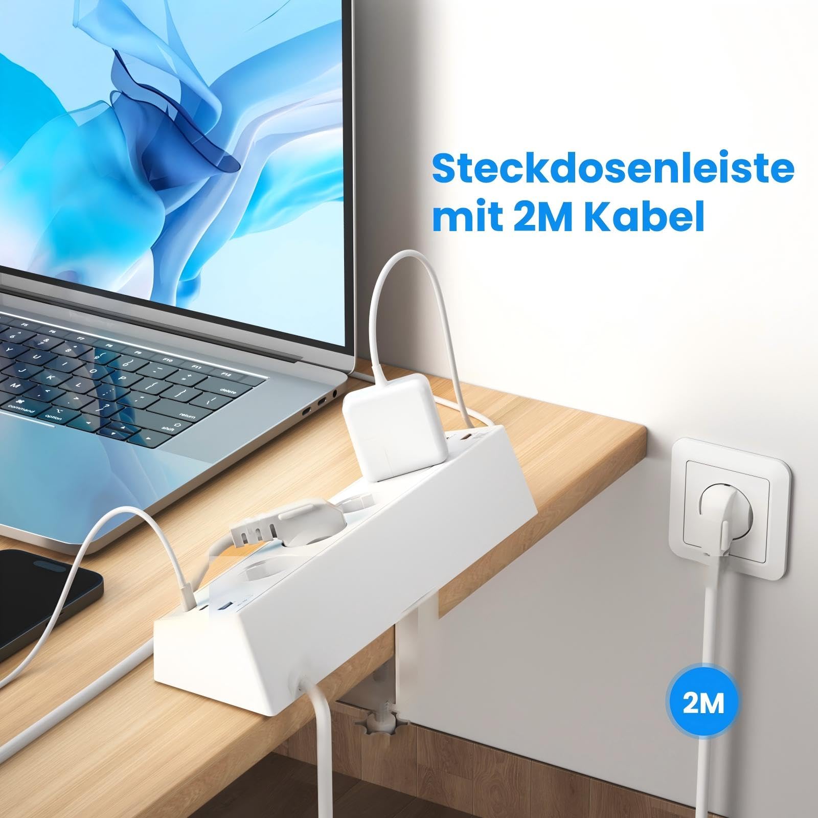 Kinglink, presa da tavolo con USB C 20 W, Ciabatta elettrica commutabile singolarmente, 4 prese multiple con interruttore, protezione da sovratensione con cavo da 2 m, per casa, ufficio, bianco