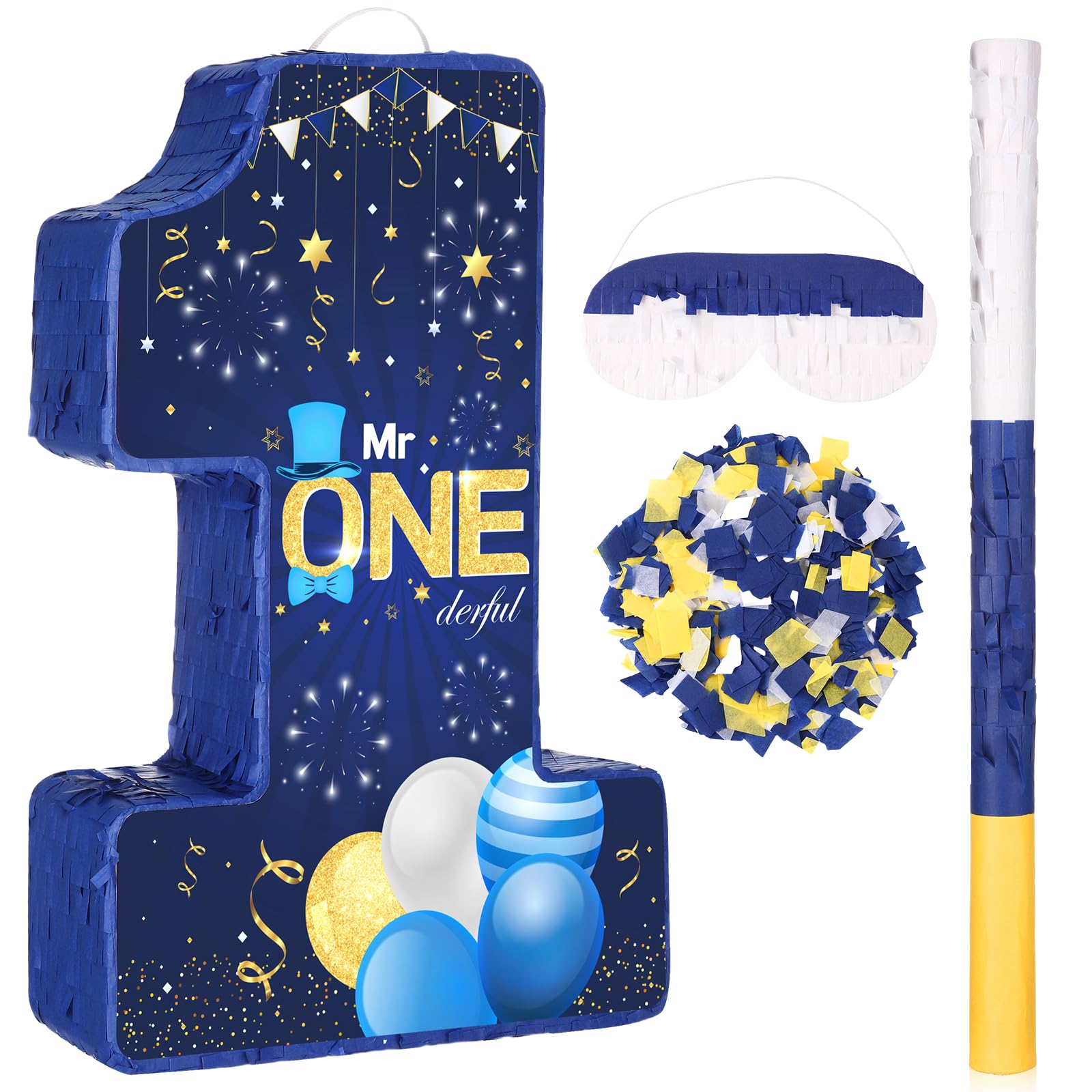 Mr. Onederful Piñata Number 1 Piñata for 1st Birthday Party Decorations Navy Blue Gold One Birthday Piñata with Blindfold Mask Stick Confetti for Boys Little Man First Birthday Party Supplies Favors