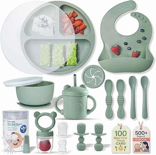 Juego de alimentación de bebé de silicona sin BPA, platos de succión extragrandes, cuencos para niños, utensilios de autoalimentación y más, apto