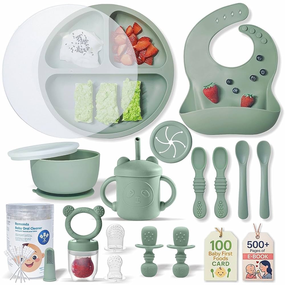 Baby LED Weaning Bundle, Silicone Suction Bowl, Spoons, Bib & Cup, Develops Self Feeding Skills, Dishwasher Safe (Blue