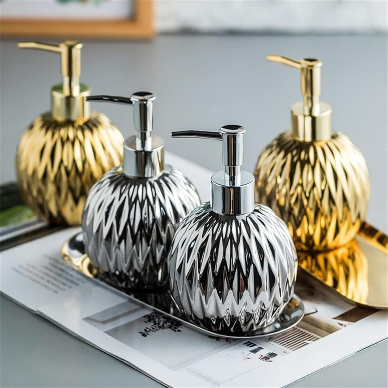Dozownik do balsamu, zestawy akcesoriów łazienkowych, dozownik, ceramiczny okrągły zestaw mydła, 400 ml/13,5 uncji, 3 szt(Gold)