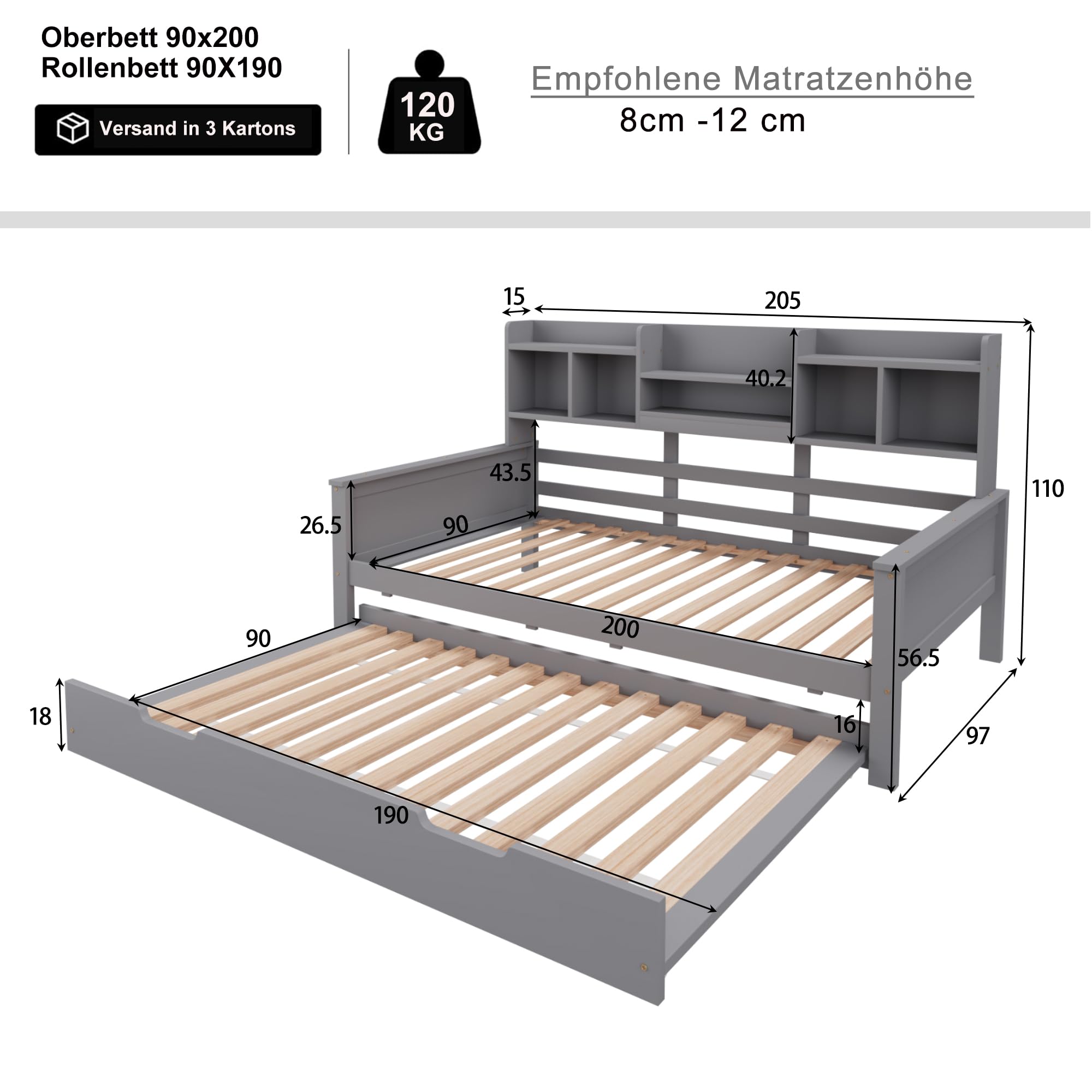 90 x 200 cm, letto estraibile in legno massiccio, 90 x 190 cm, divano letto estraibile con vano portaoggetti e rete a doghe, in pino multifunzionale, letto singolo, grigio