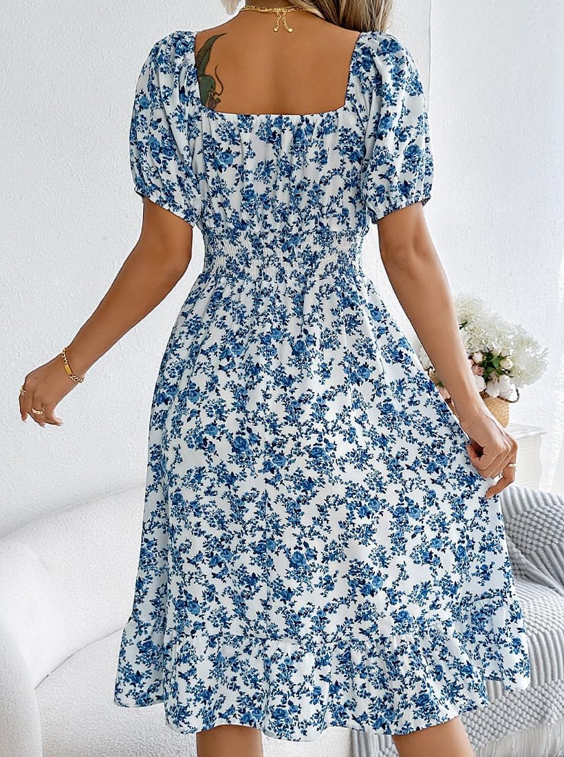 Floral Summer Midi Dresses for Women Boho Square Neck Puff Short Sleeve A Line Flowy Sundress Vacation Beach - Image 2