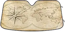 Qilmy Para-brisa de carro, protetor de viseira dobrável com mapa do mundo retrô, mantém fresco, bloqueia raios UV e acessórios para proteger carros, SUVs, caminhões-(L) 2152