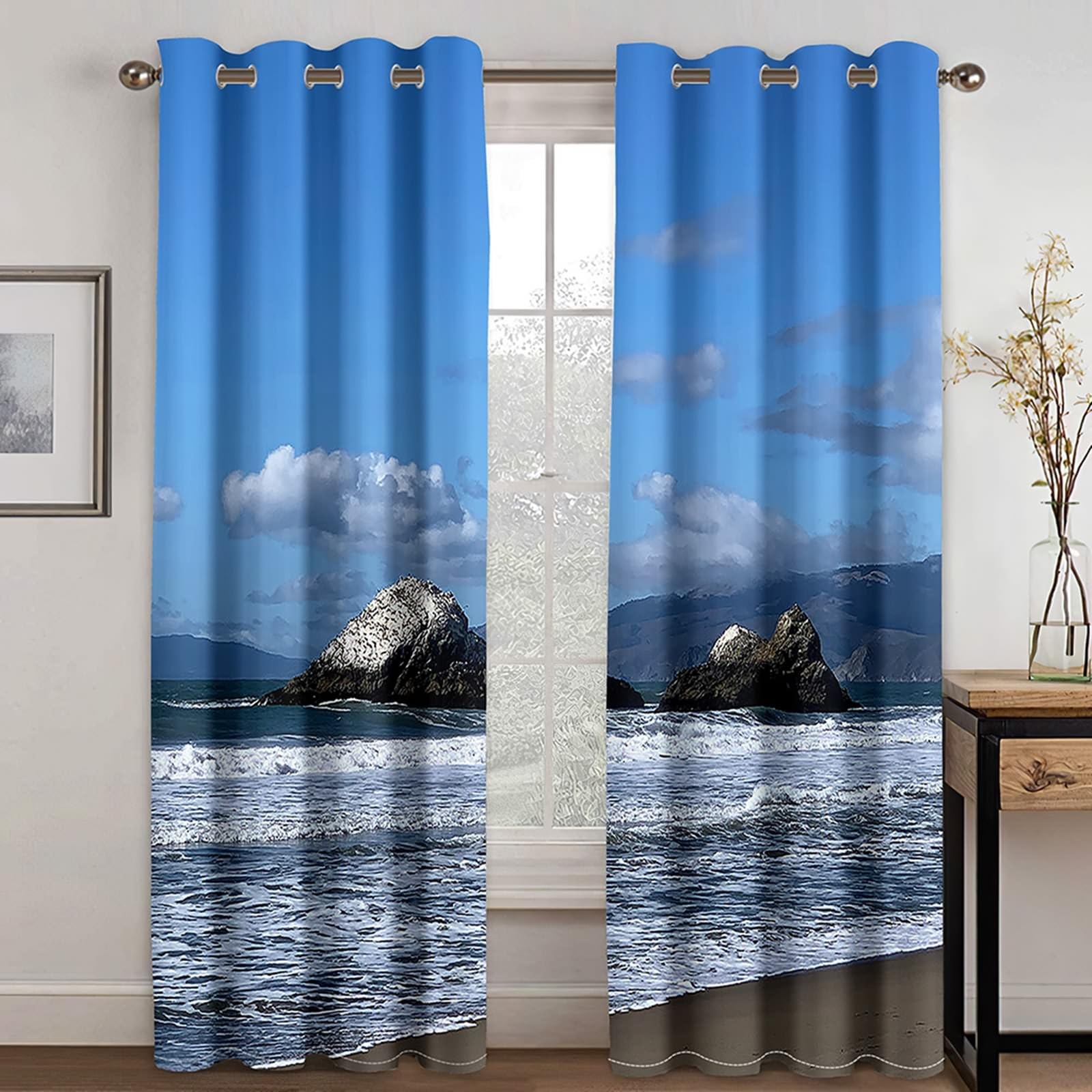Tenda Finestra Oscurante, Paesaggio oceanico Tende per Camera da Letto Soggiorno Oscurante Tenda Oscurante Termoisolata, Blu Grigio, 214x244cm