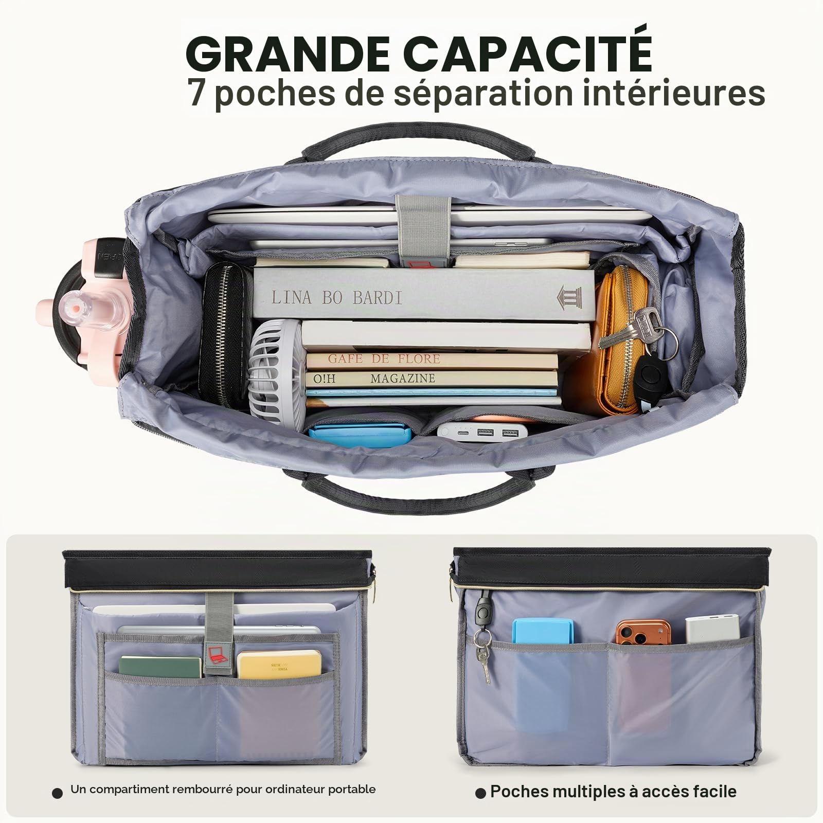 RAINSMORE Sac de Travail Femme avec Compartiment Repas Isotherme, Sac Ordinateur Portable 17,3 Pouces Grande Capacité, Sac Enseignante Imperméable pour Bureau, École, Université et Voyage Noir