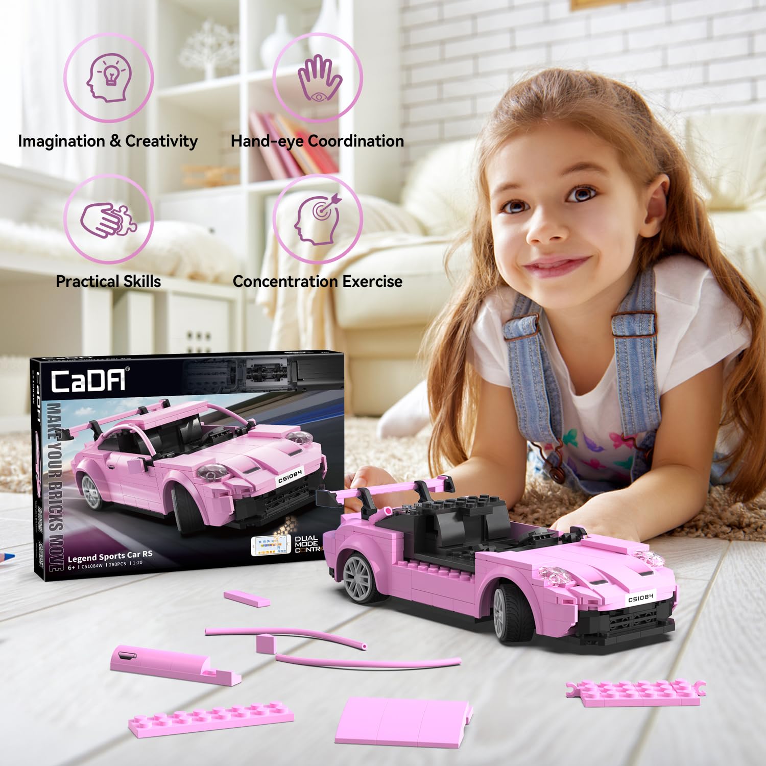 CaDA Giocattoli da Costruzione RC per Ragazze e Ragazzi dai 6 ai 12 Anni,Kit Camioncino Telecomandato Rosa per Pprogetti STEM e Attività Educative