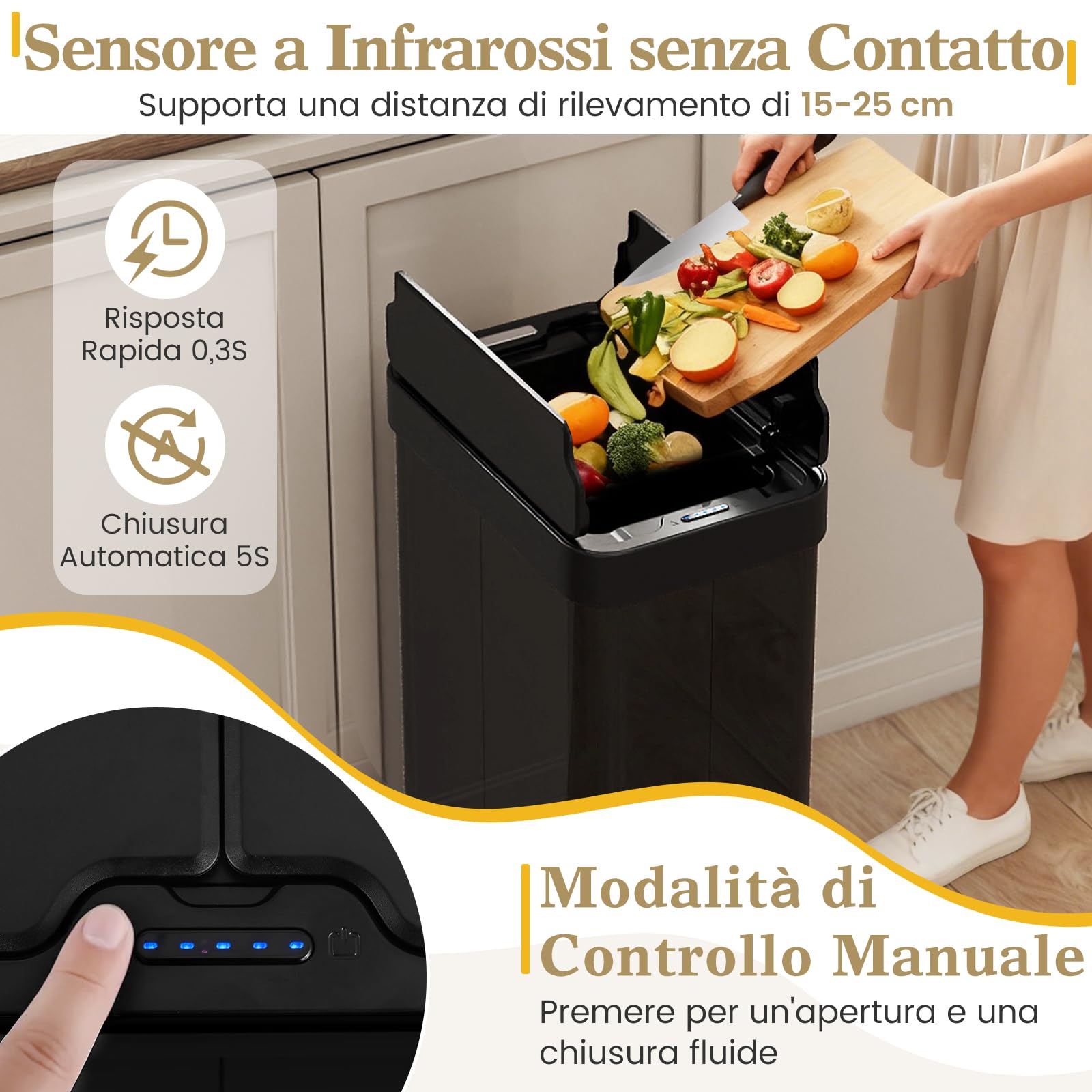 COSTWAY 60L Cestino per Rifiuti con Coperchi a Ali, Pattumiera in Acciaio Inox Spazzolato con Sensore di Movimento a Infrarossi, Bidone Automatico per Camera da Letto, Bagno e Cucina (Nero)