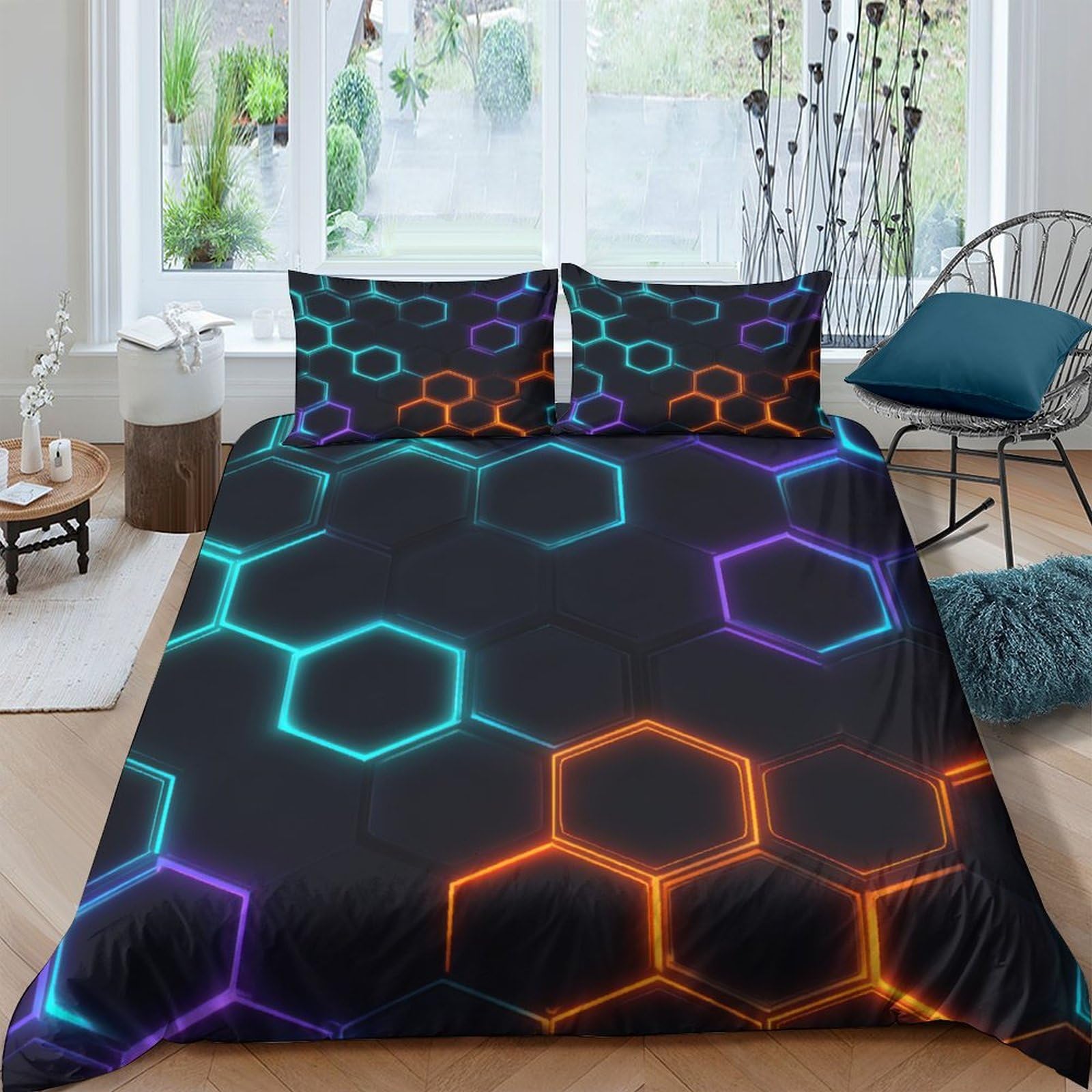 Ctjqhvkz Style-10 3D Printed Neon Hexagon Pattern Fitted Sheet Microfiber Soft Black Geometric Mattress Cover For Bedroom Dorm Guest Room Decor Single（135X200cm）