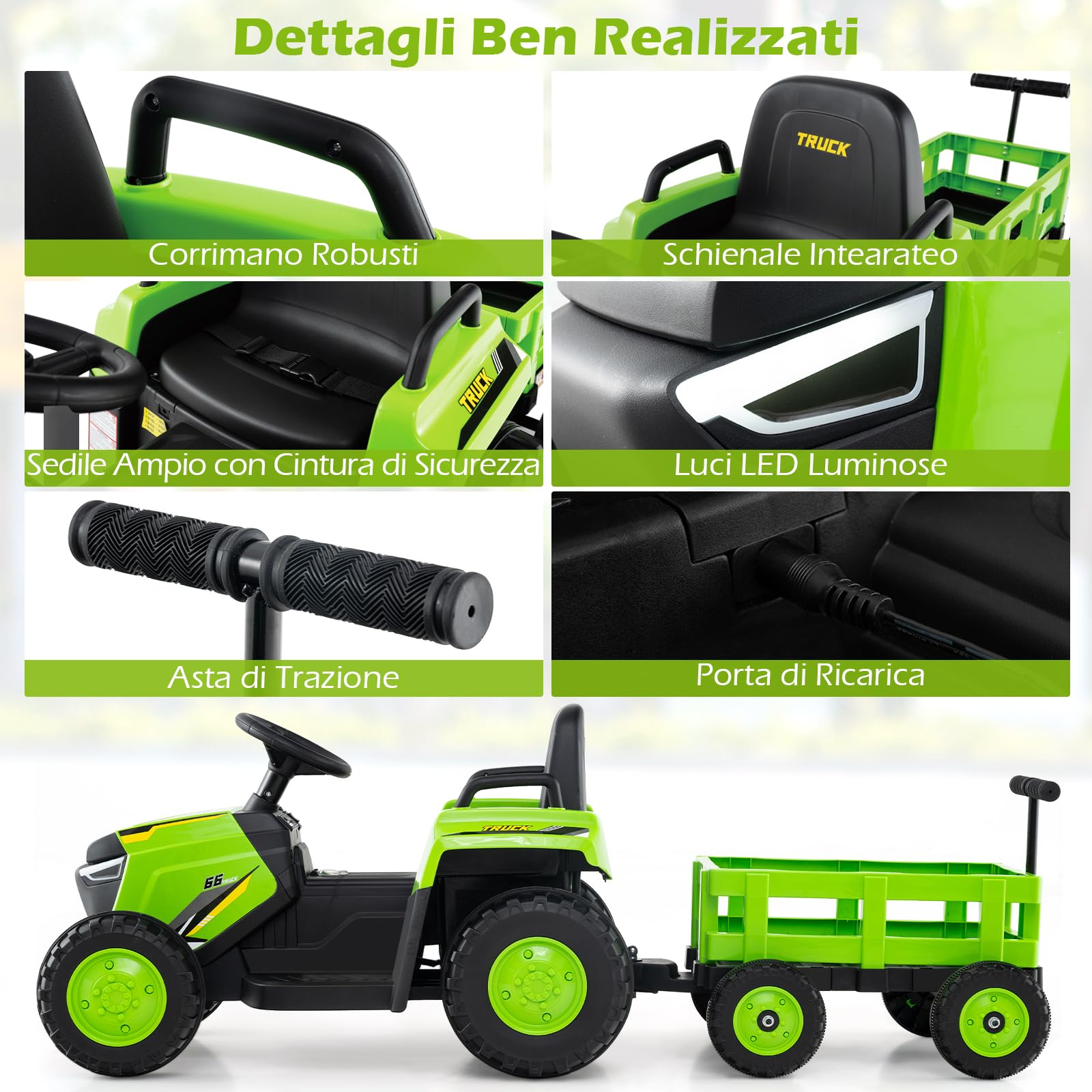 COSTWAY 12V Trattore Elettrico per Bambini, Trattore a Pedali con Rimorchio Staccabile Controllo Remoto Fari LED Clacson e Musica, Macchina Elettrica per Bambini 37-95 Mesi (Verde)