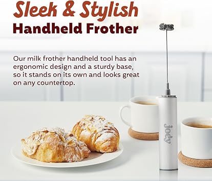 Joe'y Electric Milk Frother, USB Rechargeable Handheld Mixer, Dual Speed Stainless Steel Frother Wand with Double Whisk for Coffee, Lattes, Matcha, Includes Travel Case, Coffee Bar Accessories, White