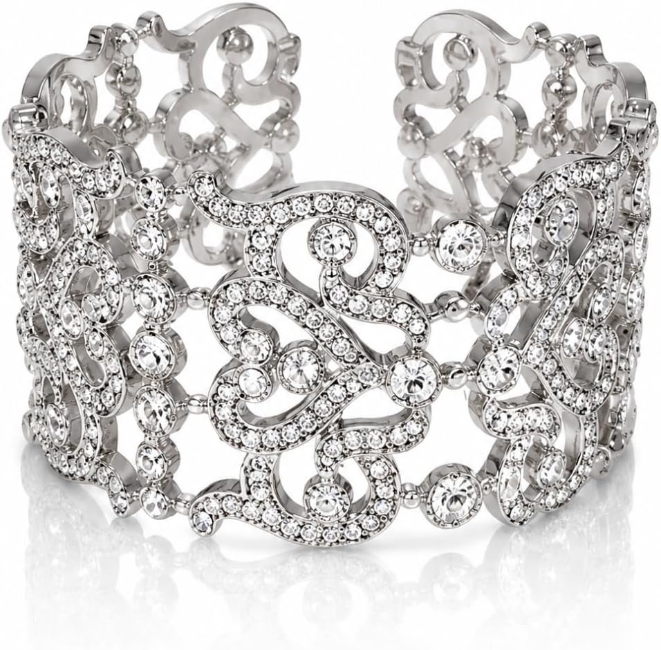 Silver Crystal Cuff Bracelet for Women – Elegant Rhinestone Wide Bangle, Vintage Filigree Statement Bracelet for Weddings, Parties & Formal Events