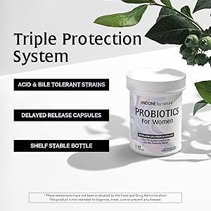 Undone By Nature Probiotic for Women, 50 Billion CFU Women's Probiotics with Prebiotics, Plus US-Grown Cranberry, GI Support, Women's Health, Triple Protection System, Delayed Release, 60 Capsules