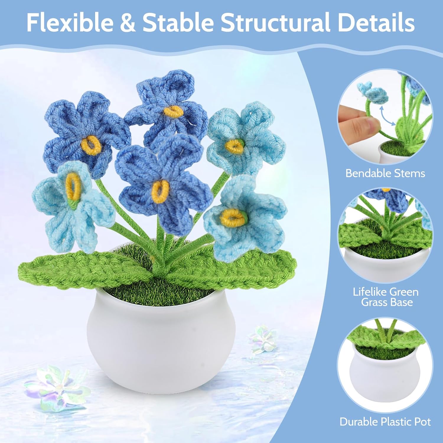 3pcs Crochet Flowers Pot, Cute Handmade Crochet Flower Desk Decor with Sunflower, Lily of The Valley, Forget Me Not, Gift for Women, Mom, Teacher, Friend, Birthday, Mother’s Day, Thank You - Image 4