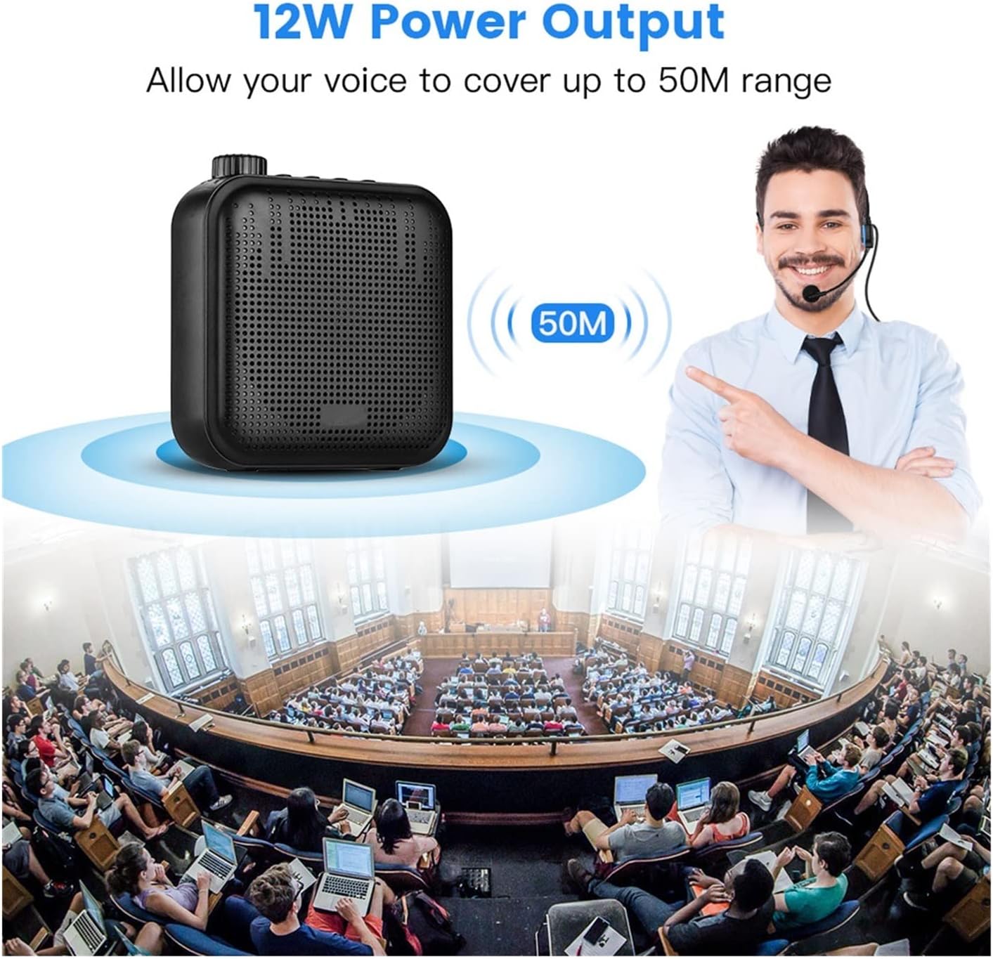 Megaphone Bullhorn 12W Portable Mini Voice Amplifier for Teachers Class Tour with Microphone Headset and Waistband Sound-amplifying Music Playing