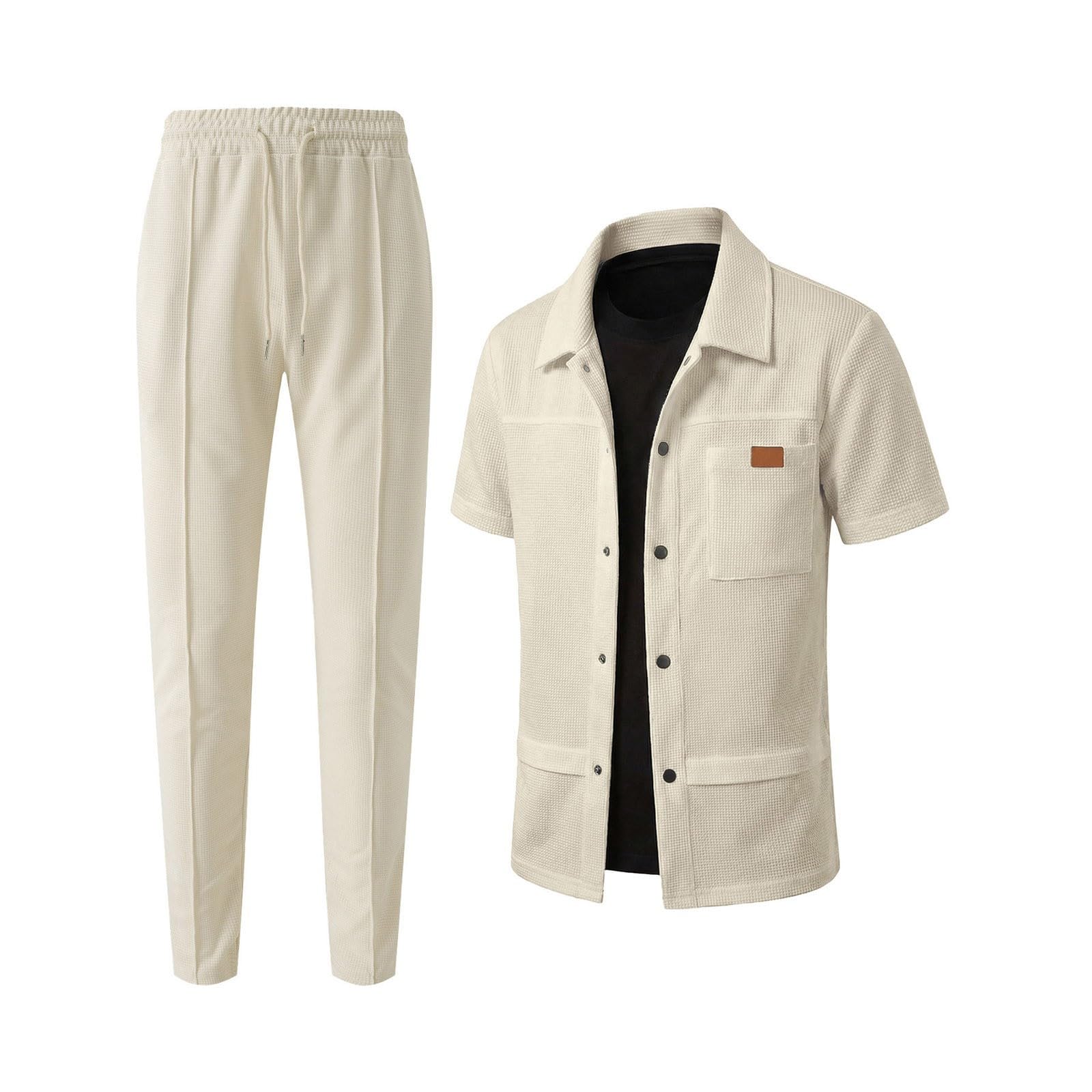Completo Uomo Elegante Cerimonia - Tuta Uomo Completa Completo Casual in Maglia Composto Giacca E Pantaloni in Tinta Unita con Tasche Applicate E Colletto Reversibile Ideale per Un Moderno (Khaki L)