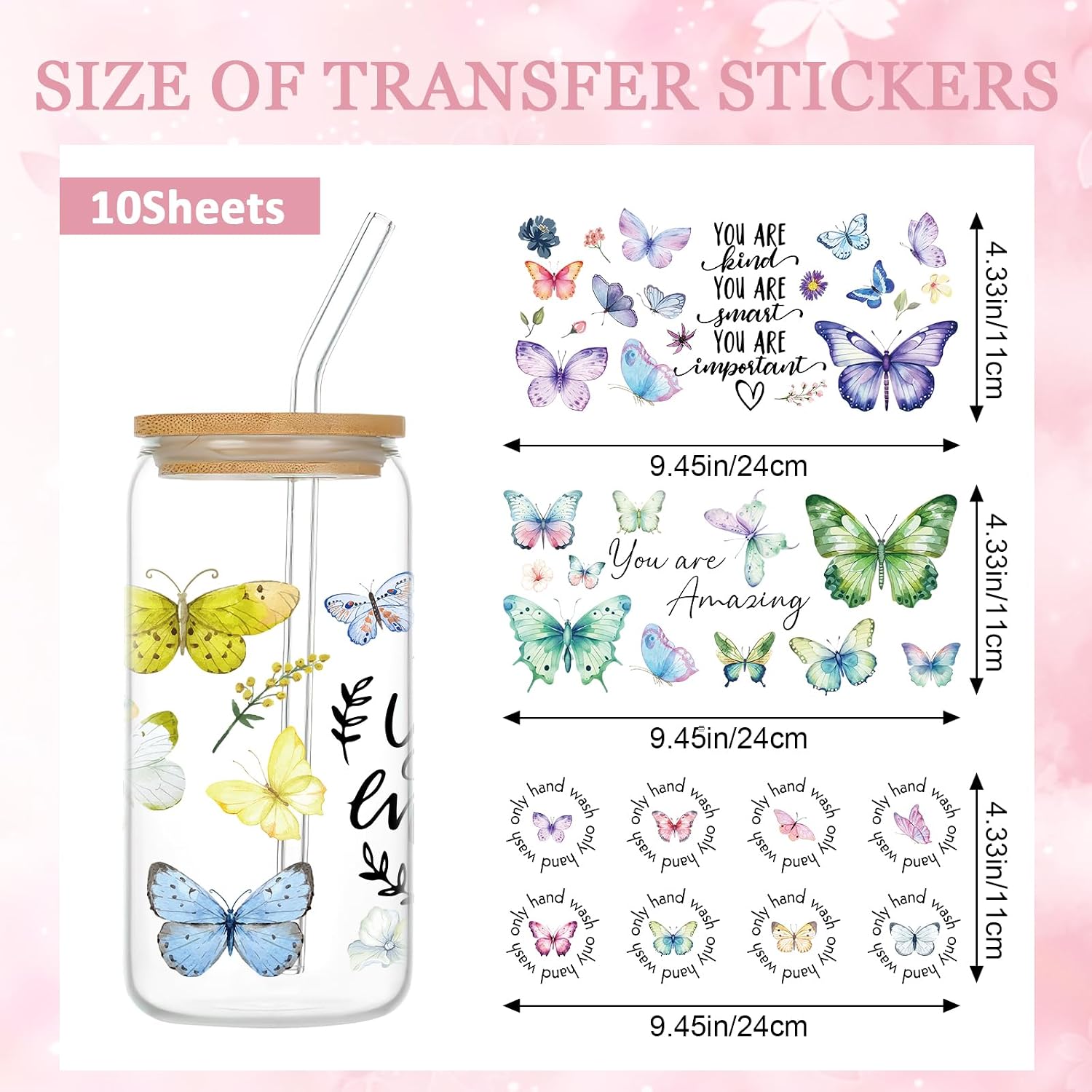 Butterfly UV DTF Cup Wraps - 10 Sheets for 16 oz Glass Cups, Floral UV DTF Transfer Stickers, Positive Inspirational Quotes Waterproof Personalized Water Bottle Decals
