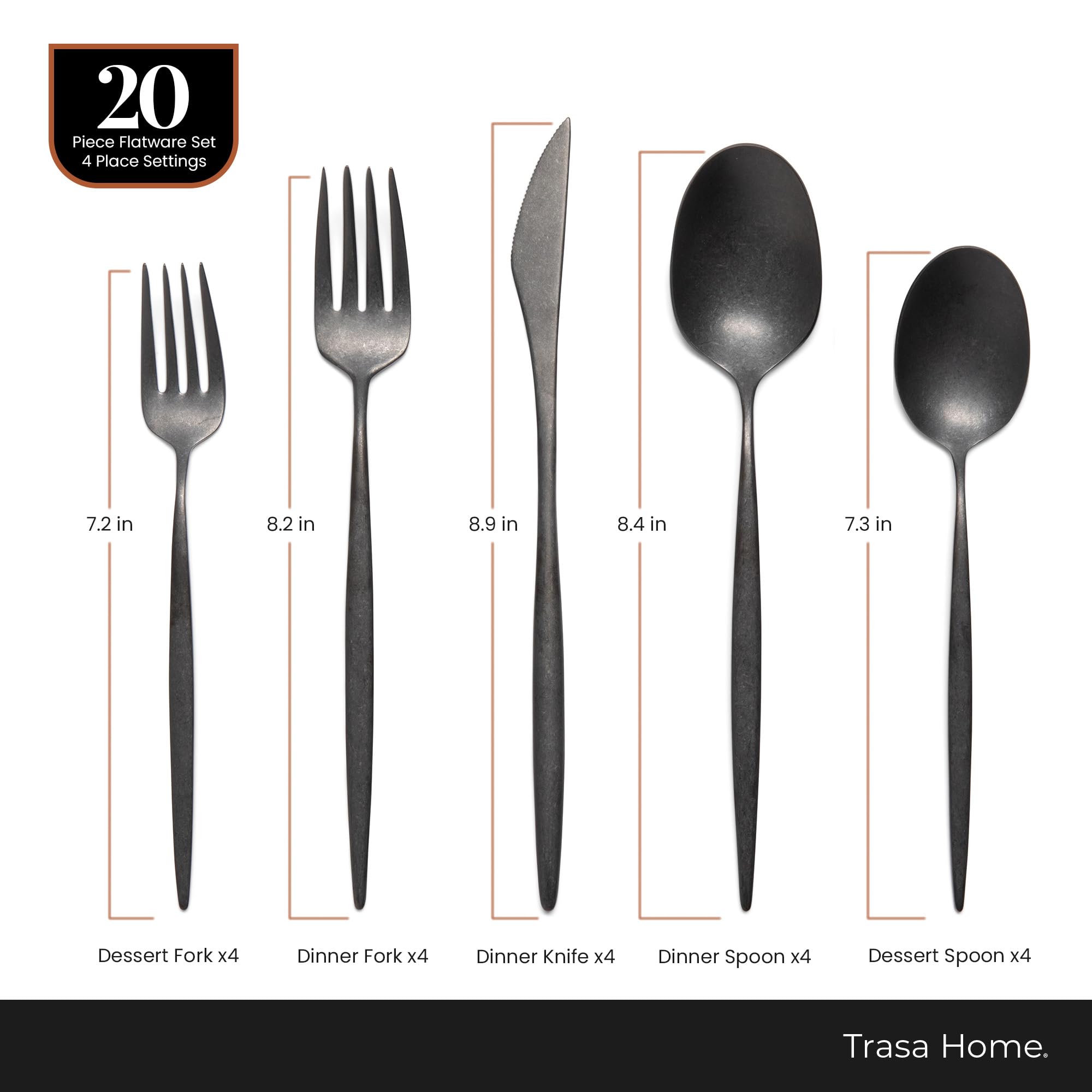 Luxury Vintage Flatware 20-Piece Set – Service for 4, Premium Stainless Steel with Weighted Handles, Aged Heirloom Finish, Dishwasher Safe, Elegant and Modern Cutlery (Vintage Black) — Amazon image 4