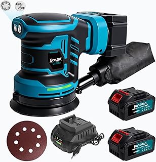Bostar Ponceuse Excentrique Sans Fil 18V, &Oslash;125mm Moteur Brushless, 2 Batteries 3.0Ah, Max. 21000 tr/min, 6 Vitesses, Sac &agrave; Poussi&egrave;re, Ponceuse Orbitale pour Bois et Voiture, Compatible Makita 18V