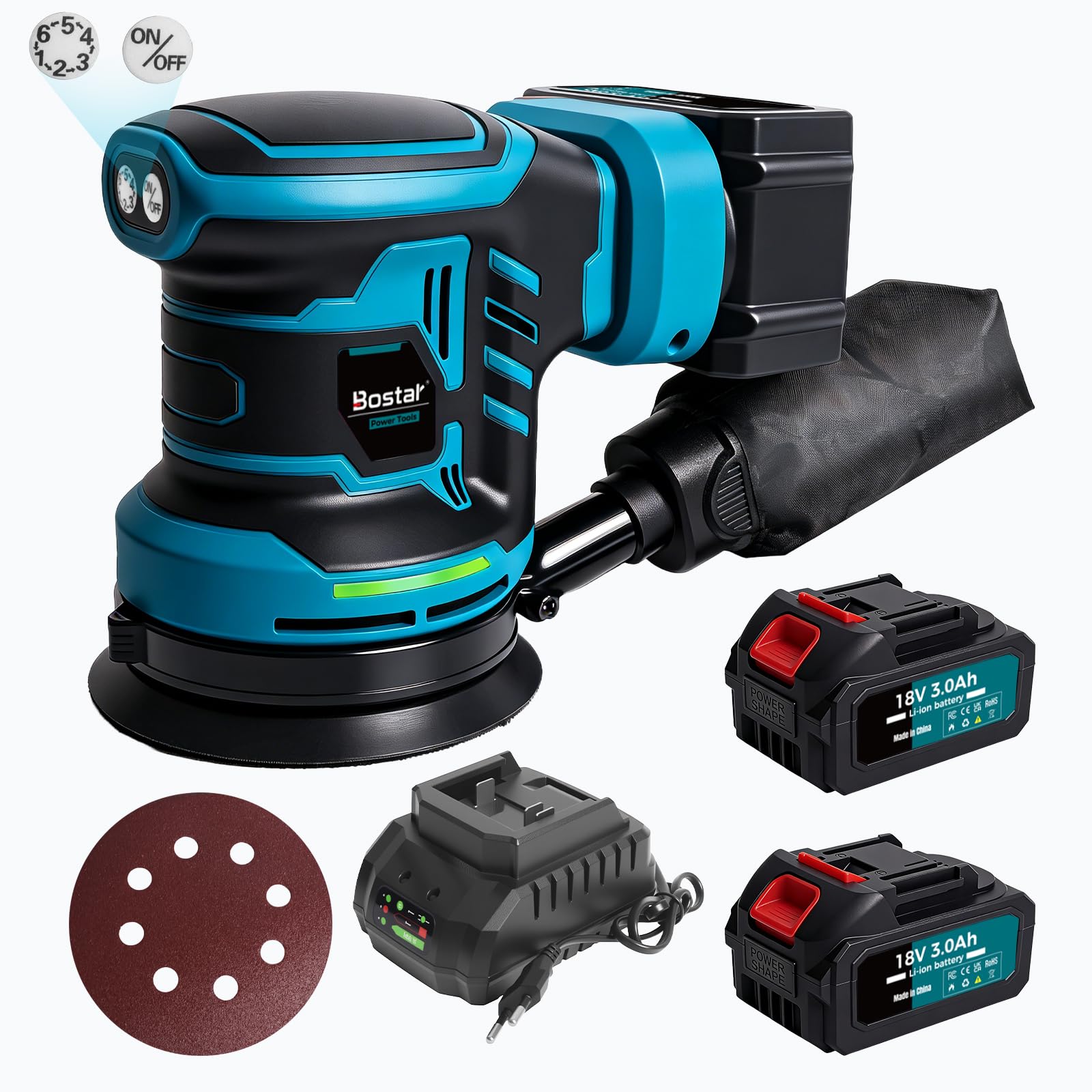 Bostar Levigatrice Rotorbitale a Batteria 18V, Ø125mm Motore Brushless, 2 Batterie 3.0Ah, Max. 21000 Giri/min, 6 Velocità, Sacco Polvere, Levigatrice Orbitale per Legno e Auto, Compatibile Makita 18V