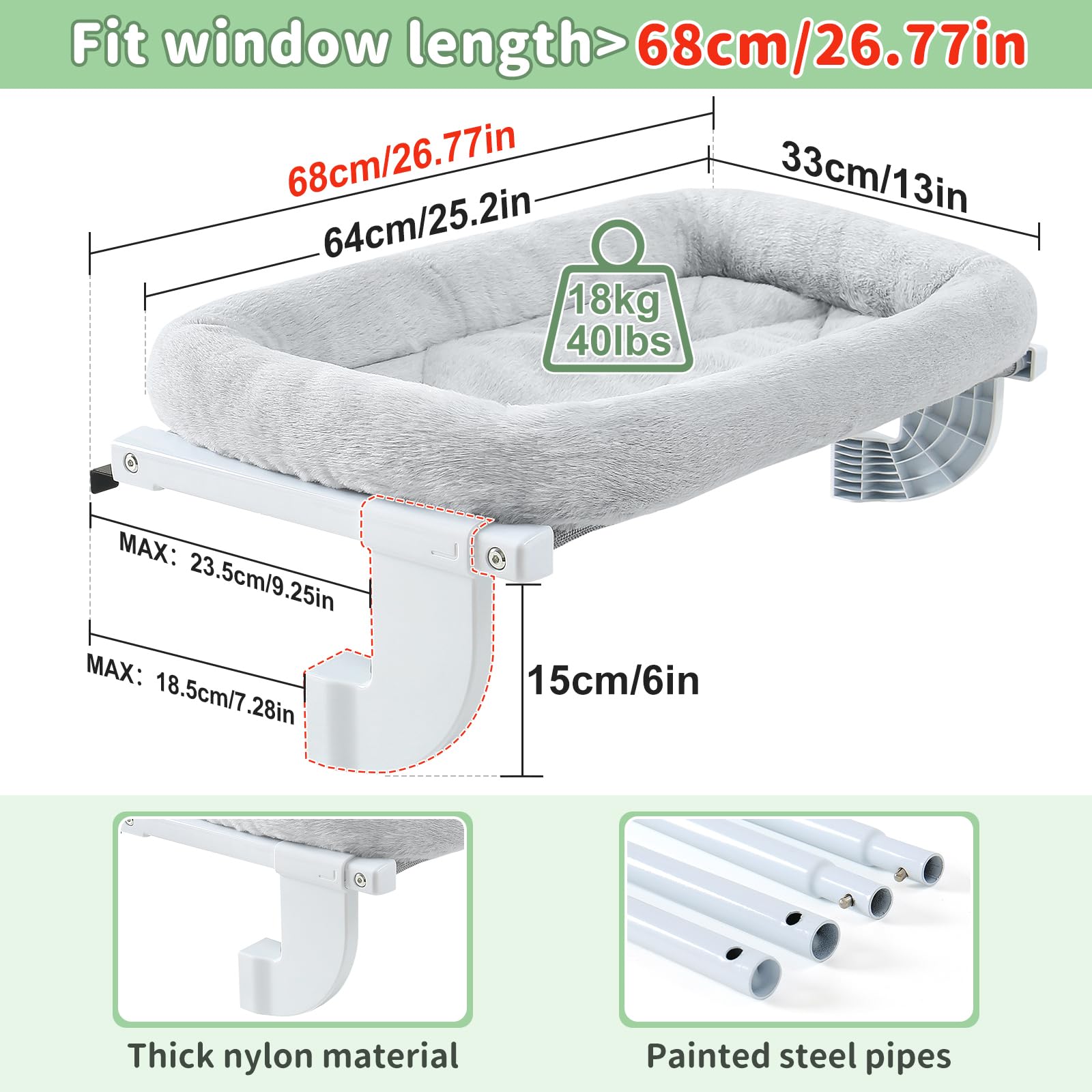 GUUSII HOME Cat Window Bed Radiator Hammock Kitten Perch Adjustable No Drilling for Indoor Large Cats Cordless Kitty Hanging Windowsill Seat Attached Bedside Machine Washable Hold up 18kg (Grey - Image 4