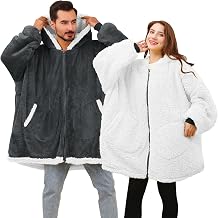 yescool Wearable Blanket Hoodie With Zipper, Fleece Sherpa Oversized Hoodie for Women Men, Fluffy Fuzzy Giant Sweatshirt Blanket for Girls Boys, Soft Cozy Big Hooded BlanketGrey & White