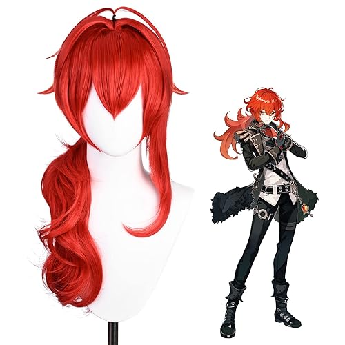 LONAI Genshin Impact Pelucas para Diluc Cosplay peluca roja de disfraz con flequillo peluca esponjosa para fiesta de Halloween