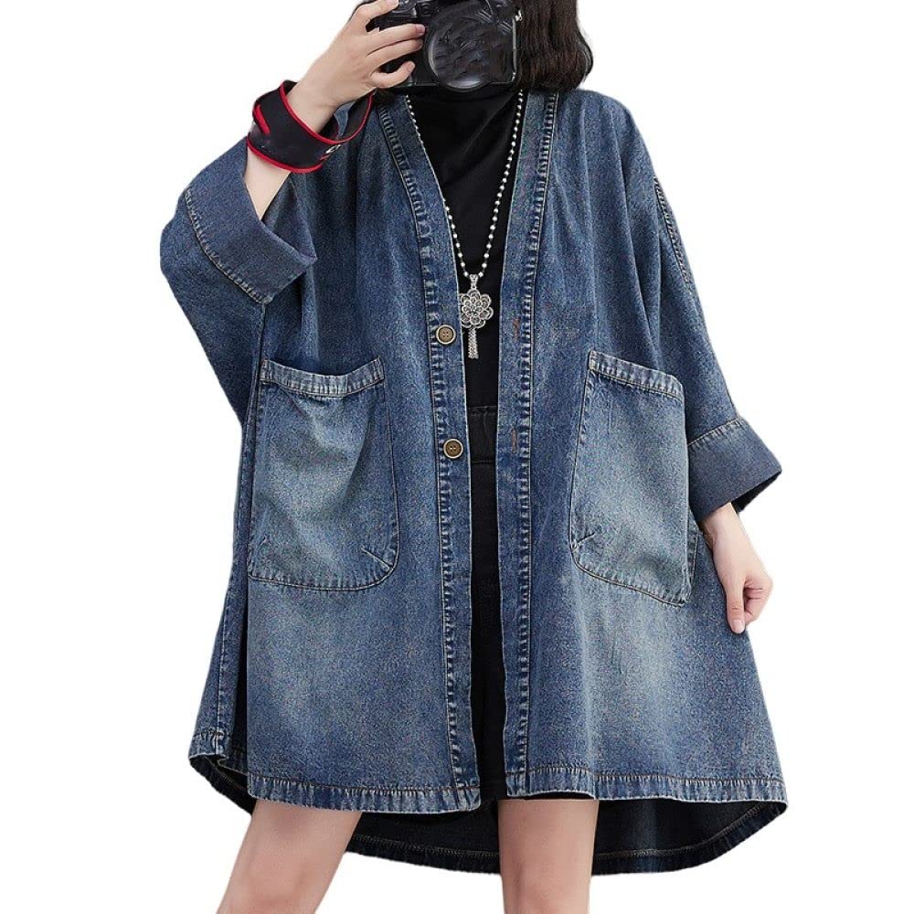 Jackets For Women Uk, Women'S Long Denim Jacket Plus Size Vintage Blue Long Sleeve Button Up Shacket Jacket Wash Faded V-Neck Denim Coat Spring Transition Casual Outwear With Pocket