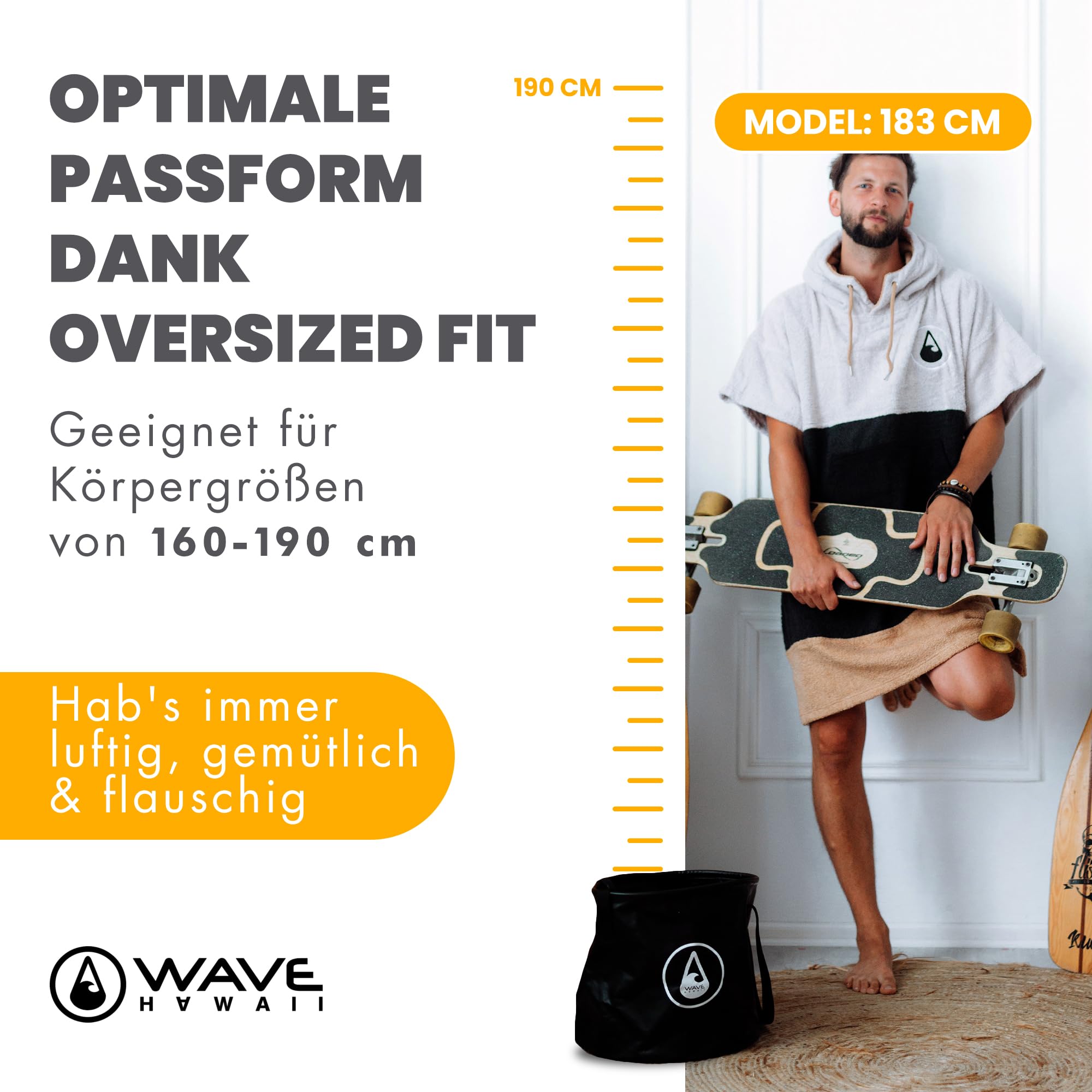WAVE HAWAII Surfponcho für Körpergrößen 161-183 cm Poncho 100% ÖKO Baumwolle Velours Umkleidehilfe für Schwimmen Strand Surfen Surf Poncho Badeponcho Duschponcho für Herren und Damen