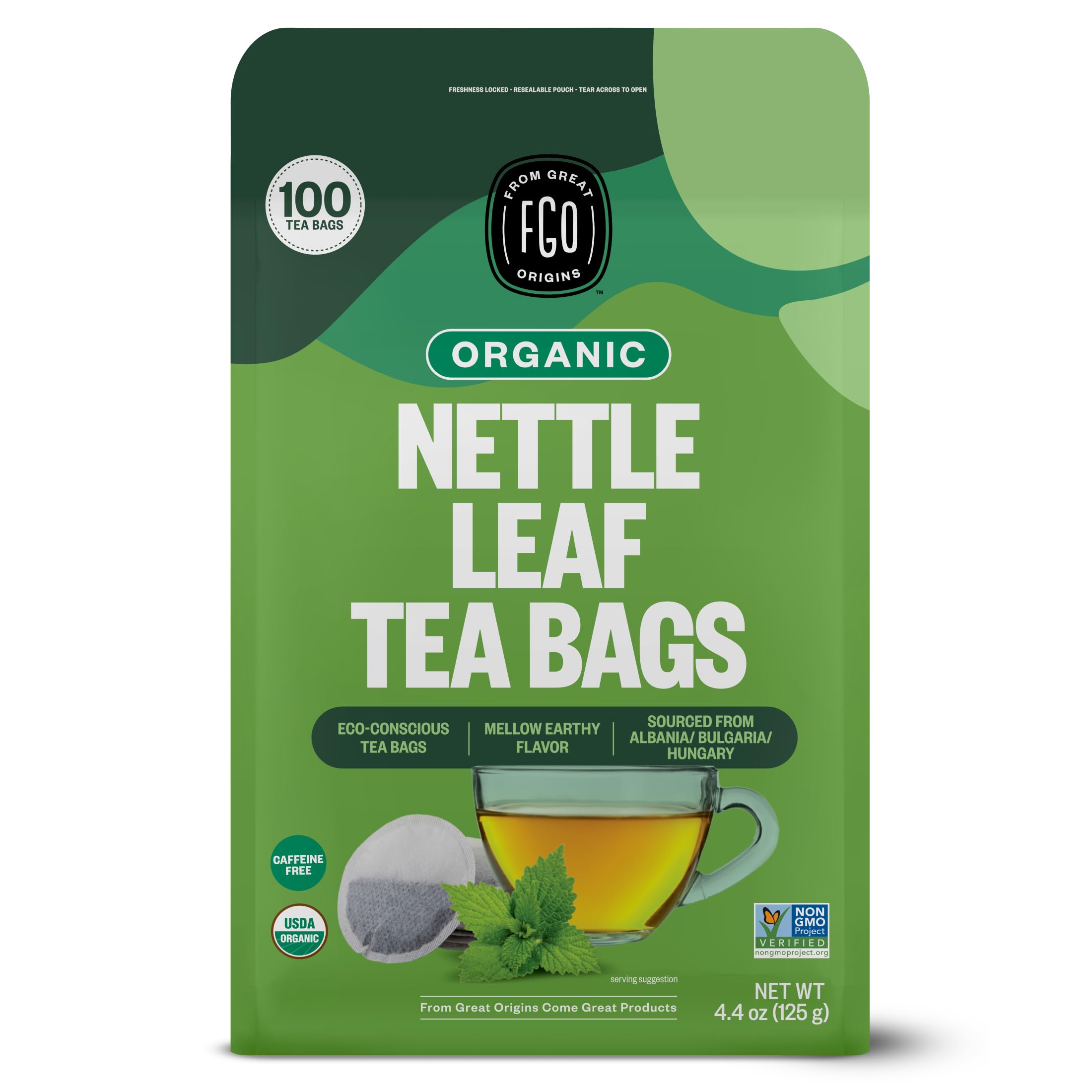 FGO Organic Nettle Leaf Tea, 100 Count, Eco-Conscious Tea Bags, Caffeine Free, Resealable Bag, Packaging May Vary (Pack of 1)