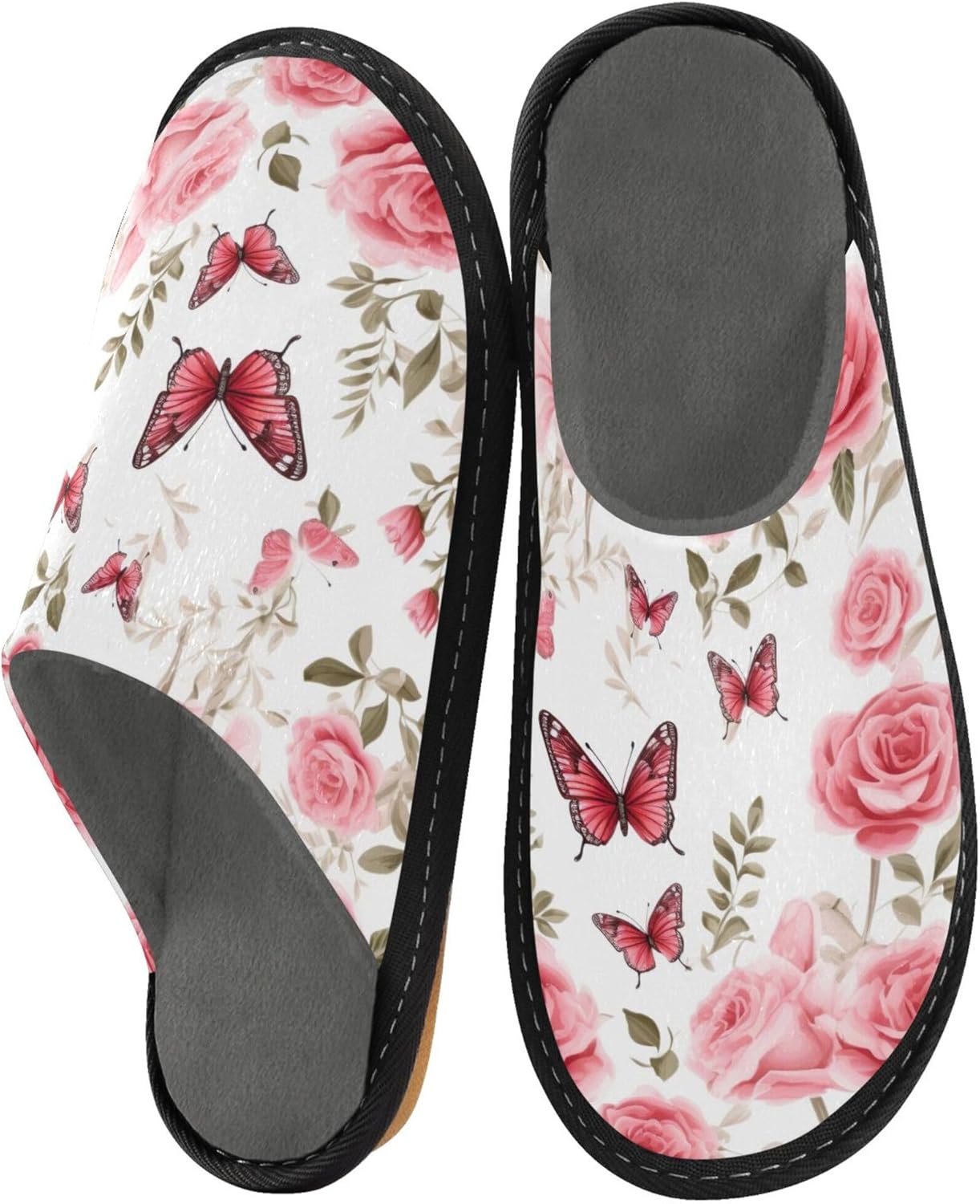 Floral Butterfly House Slippers – Cozy Fuzzy Slippers for Guests, Washable & Disposable, Perfect for Shoeless Home, Spa & Hotel Use A110744