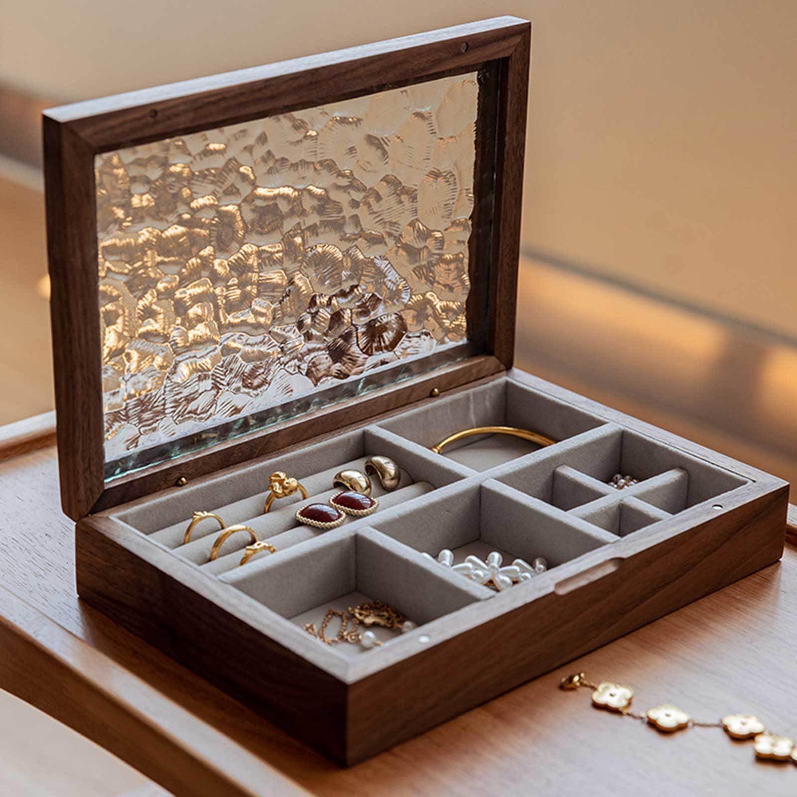 Boîte à Bijoux en Bois pour Femme - Organisateur de Bibelots Antiques avec Couvercle en Verre, Fentes pour Anneaux et Compartiments - Boîte de Rangement Polyvalente,D